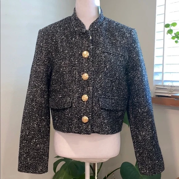 H&M Tweed Cropped Jacket Medium Black White Boucle Blazer Gold Buttons Classic - Picture 5 of 14
